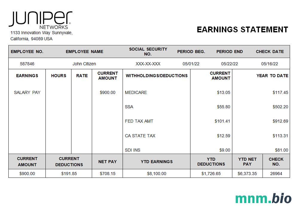USA Juniper networking company pay stub